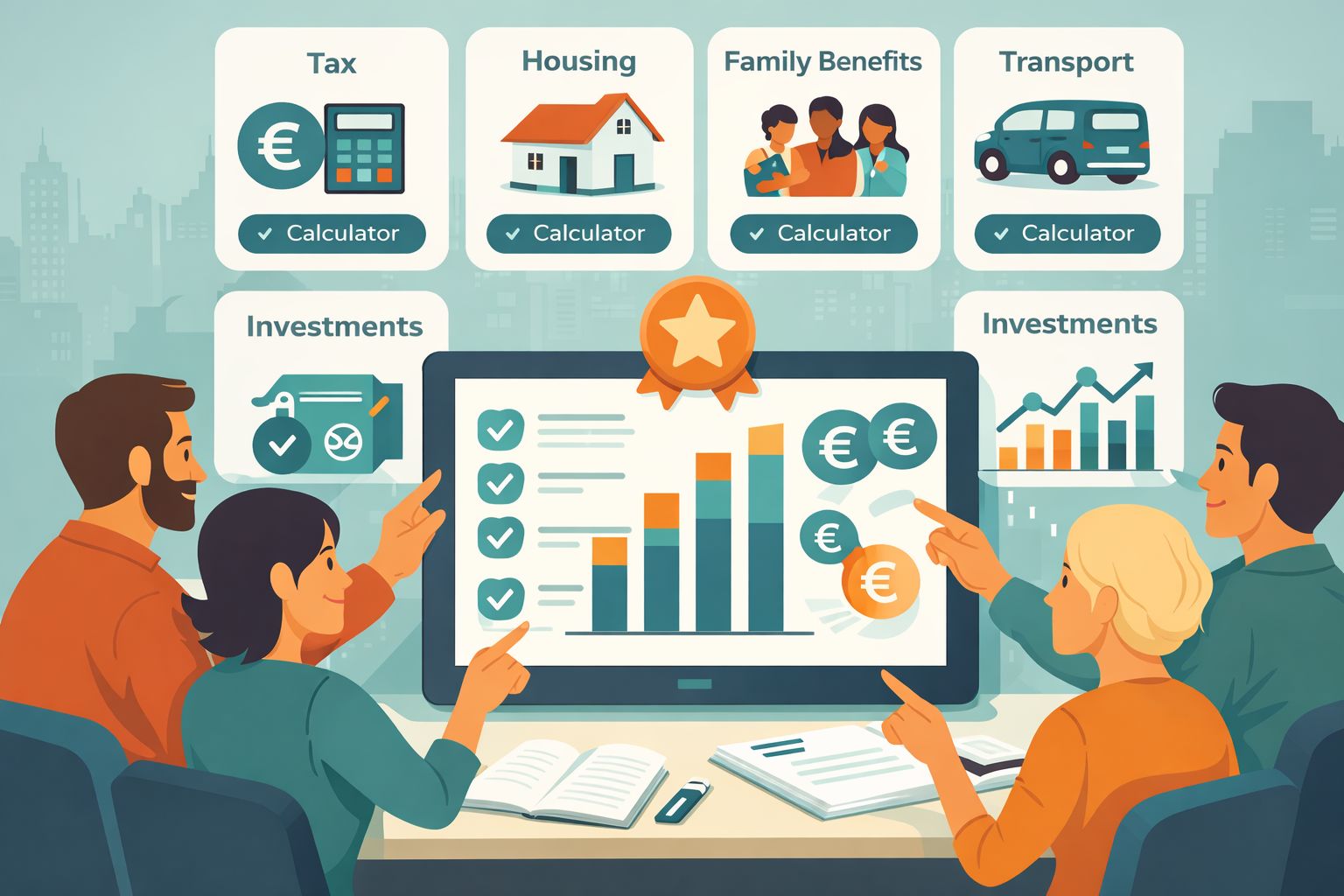 Beliebte Finanzrechner mit Symbolen fuer Steuern, Wohnen und Familie